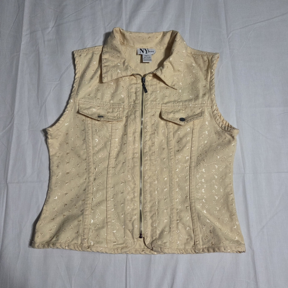 NYjeans Vintage Women Embroidere Cream Sleeveless Vest Size L 100% Cotton